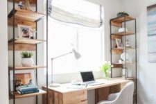 26 two free-standing shelving units of metal and wood on both sides of the desk are a trendy idea