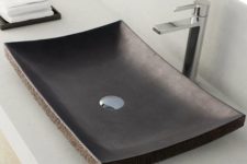 a rectangular stone sink in a matte finish is a chic idea for a minimalist or masculine bathroom