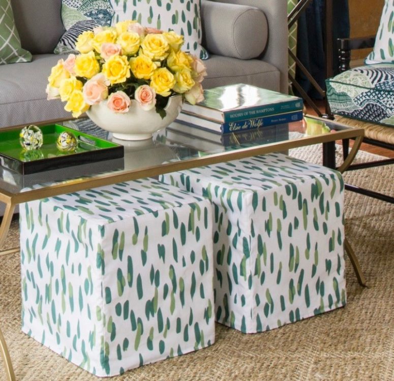 IKEA Bosnas ottomans renovated with bright printed slipcovers will add a colorful touch to your space