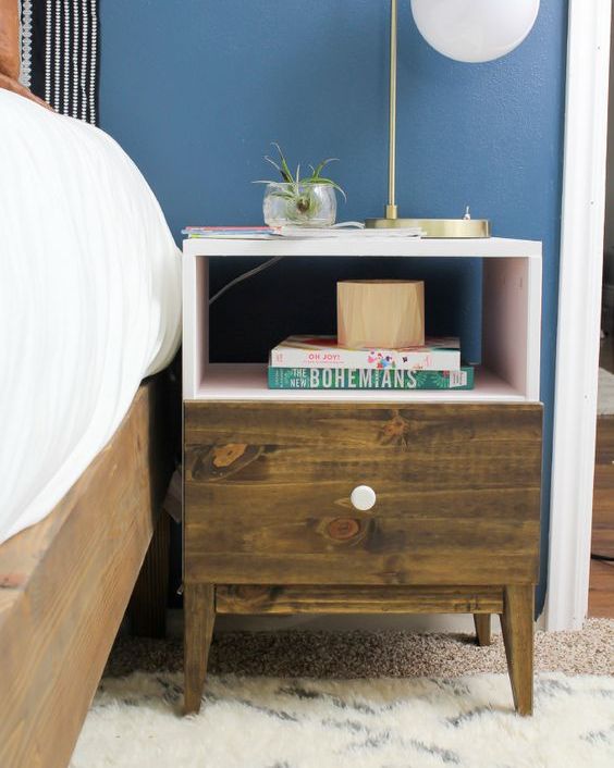 a boho IKEA Tarva nighstand hack with stain, blush paint and a white knob looks very unusual