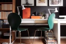 05 a shared study space with a hacked Micke desk with two sleek drawers in various colors and emerald chairs