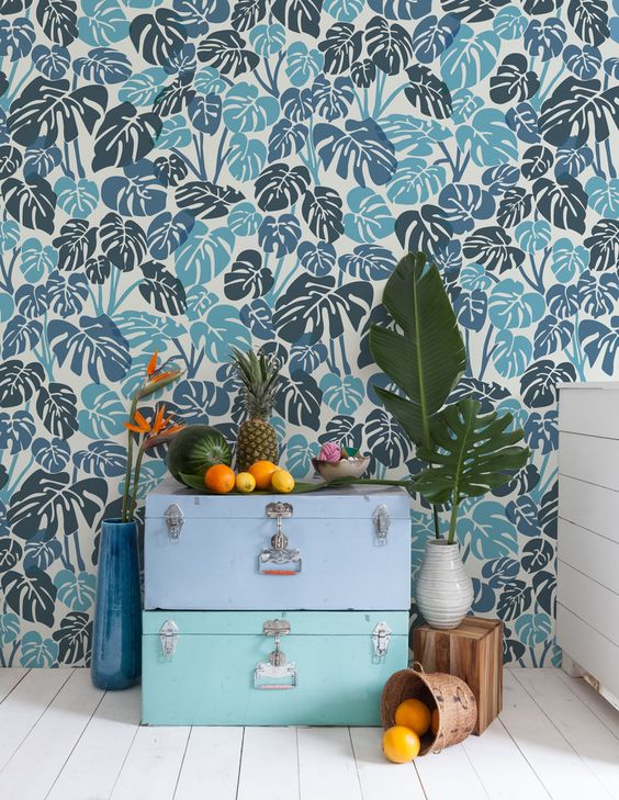 tropical lead wallpaper done in navy and light blue is a very non-traditional and bold combo