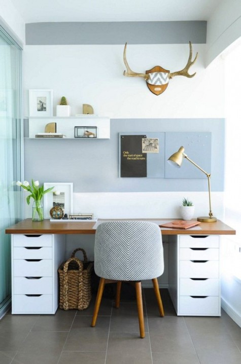 a comfortable desk with IKEA Alex shelves and a wooden tabletop has much storage space