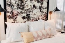 13 a headboard made of graphic floral wallpaper with a black frame is a very refreshing touch to the bedroom