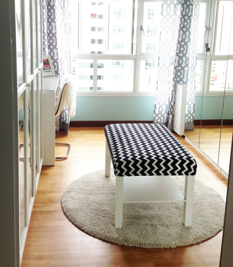 a stylish chevron print black and white ottoman made of an IKEA Lack table and some fabric