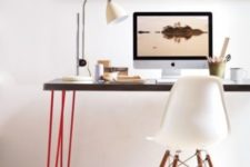 17 a modern lightweight looking desk made of an IKEA Sanfrid tabletop and bright red hairpin legs