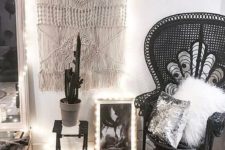17 a monochromatic space in boho style with a black peacock chair looks very catchy and is non-traditional for this decor style