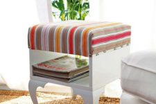 17 a vintage ottoman with storage made of an IKEA Trollsta side table and bright striped fabric