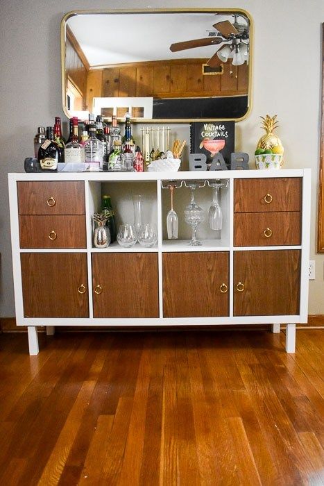Create your own budget friendly customized home bar cabinet or sideboard with this IKEA Kallax hack