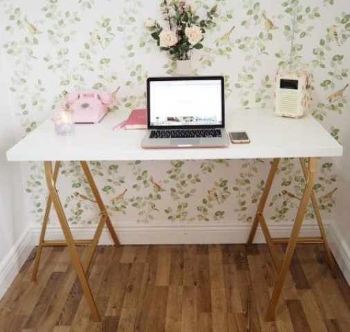 a chic desk made using a Linnmon countertop and Lerberg trestle by IKEA is a cool idea with a glam touch