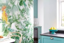 a cool kitchen with a tropical leaf wall