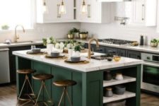 black cabinets with white countertops and a forest green kitchen island with a neutral stone countertop, too