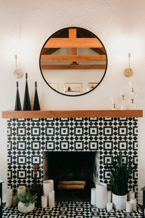 bold geometric black and white mosaic tiles make a bold statement with pattern and contrasting colors