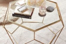 04 a geometric gold coffee table with a glass top looks catchy, glam and super cute