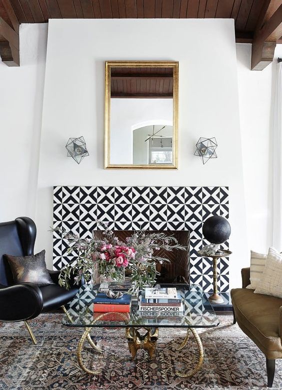 bold geometric tiles make a statement with contrasting colors and pattern and add to the eclectic living room