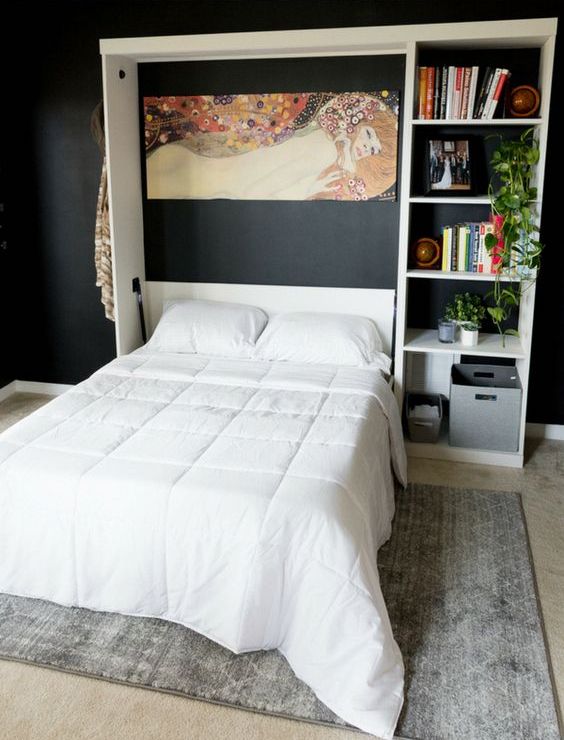 an opened Murphy bed with an additional storage unit by its side is a very functional item
