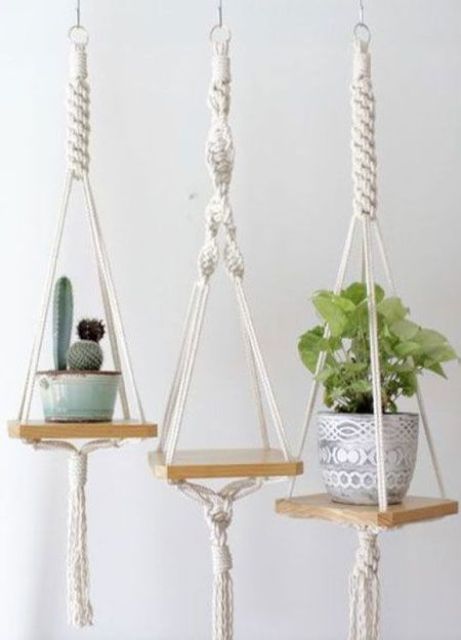 mini hanging shelves with macrame cords and ropes and with tassels are nice to hold planters