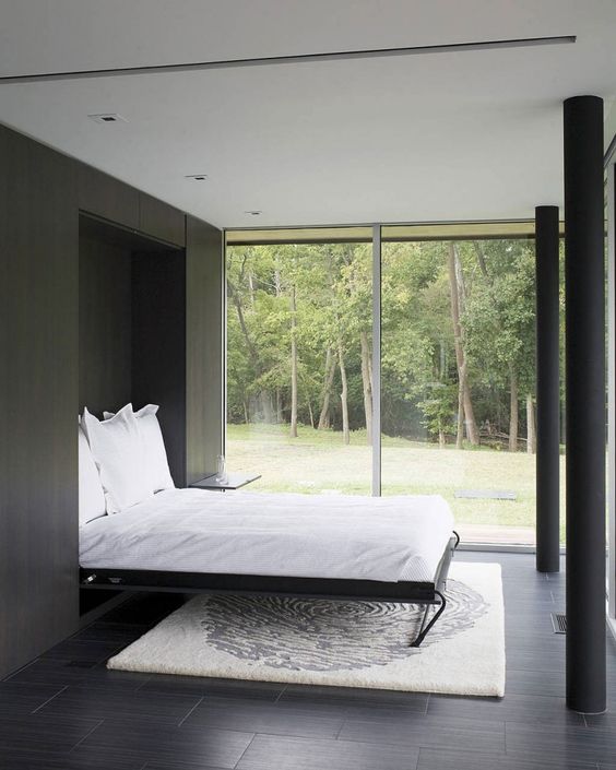 a laconic guest bedroom with a view and a Murphy bed can be transformed into any other space when the bed is not in use