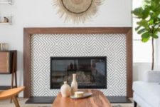 11 geometric tiles plus a rich stained wooden border is a statement idea for your modern farmhouse living room