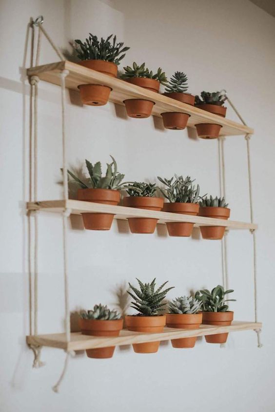 a contemporary shelving unit with several layers, neutral wood and ropes can function as a vertical garden for small spaces