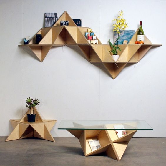 Geometric plywood furniture   a shelf, a floor storage unit, a coffee table with a glass table top