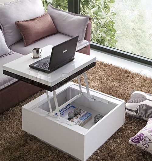 a multifunctional coffee table with a rising top that can be used as a desk