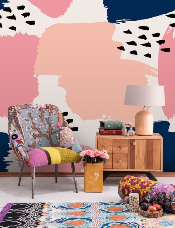 colorful abstract wallpaper helps to make the living room more retro like