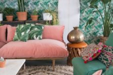 20 a tropical leaf wallpaper wall makes the living room more retro and more chic at once