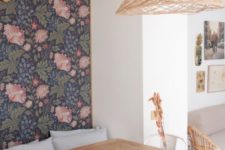 23 dark floral wallpaper on the accent wall instantly makes the dining space retro and stylish