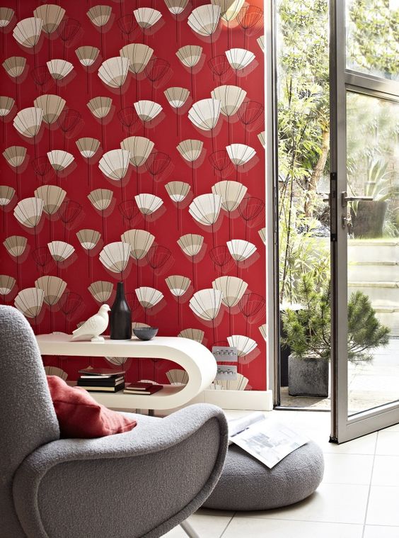 extra bold red wallpaper with an abstract pattern is a fantastic idea to add color and pattern plus a slight retro feel