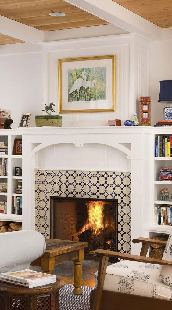 A fireplace surrounded with bright printed tiles, with an elegant mantel and built in bookshelves on both sides is cool