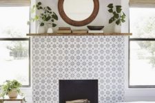 a fireplace with a pretty patterned brick surround is a lovely idea for a boho space, it looks eye-catching yet neutral