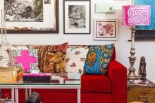 a living room with a cheerful gallery wall
