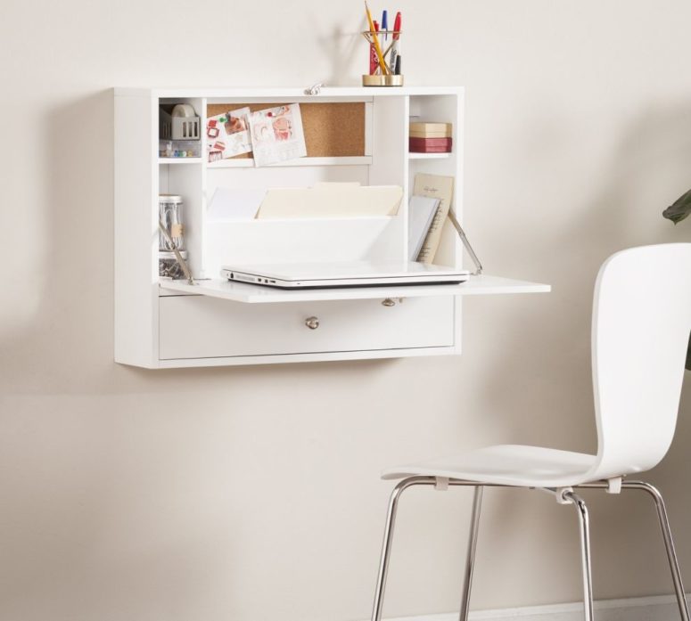 a sleek white Murphy desk with a small desktop for a laptop and some storage compartments inside is a cool idea