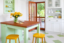 a traditional kitchen gone contemporary with a bold color palette – green and yellow for a fresh touch