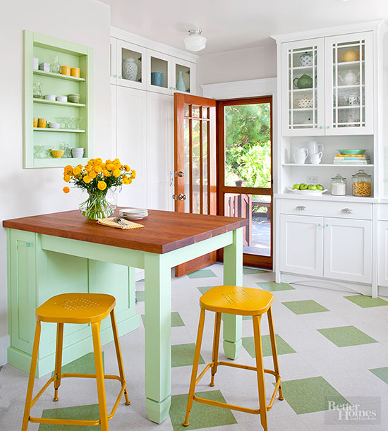 a traditional kitchen gone contemporary with a bold color palette - green and yellow for a fresh touch