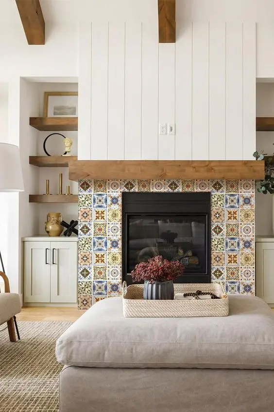 colorful mismatching tiles in the same colors will make your fireplace stand out and will add pattern and color to the space
