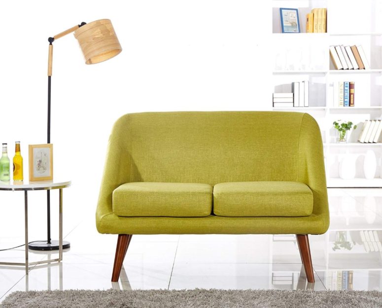 a bright mustard loveseat on wooden legs is a great statement furniture piece for a mid-century modern room
