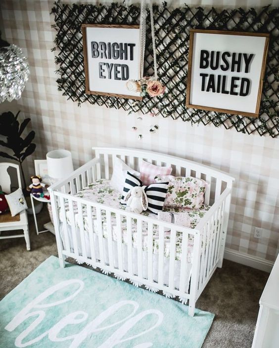a plaid statement wall, stripes and floral prints will add a slight girlish touch to the nursery