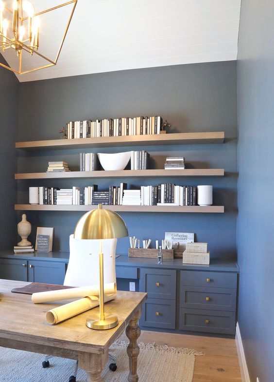 a soft grey bleu shade on the walls is a very beautiful and soothing idea, it goes amazing with gold touches