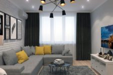 02 a stylish contemporary living room done with ceiling lights and a statement black chandelier wiht a mid-century modern feel