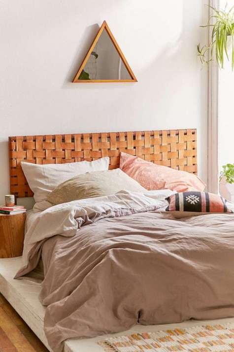 a woven amber leather headboard add a colorful touch, a pattern and a texture and perfectly fits a boho bedroom