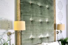 04 a statement green tufted headboard with gold framing is a stylish idea with a refined feel