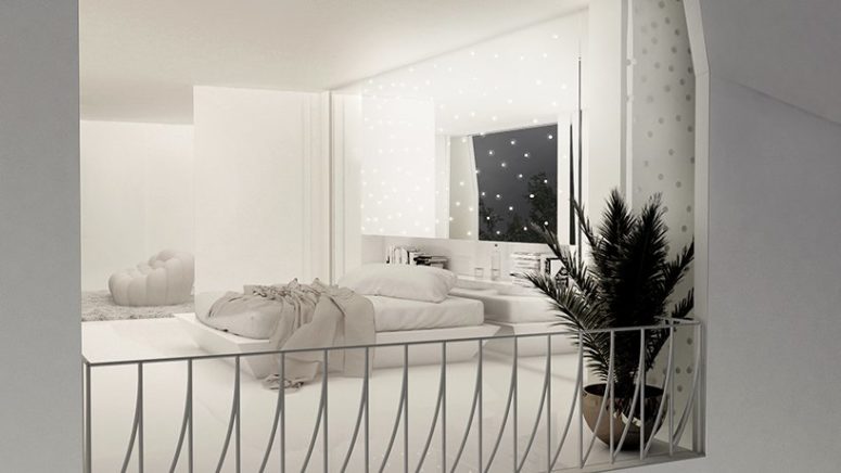 The bedroom is very dreamy and I like how lights are placed here, there's a minimalist platform bed and a potted plant
