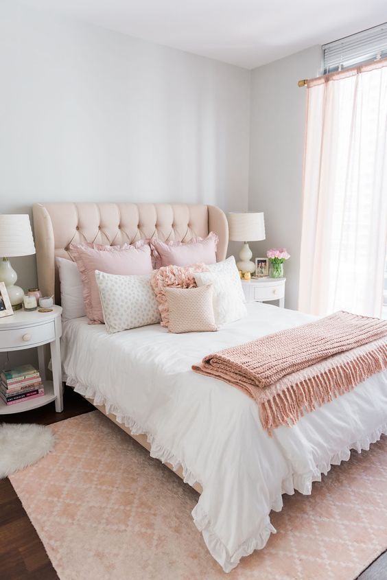 a blush wingback headboard makes the bedroom look cuter and more girlish, blush accents highlight it