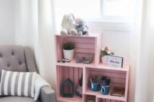 05 a pink crate shelving unit is an easy idea to add storage space and a soft touch of color