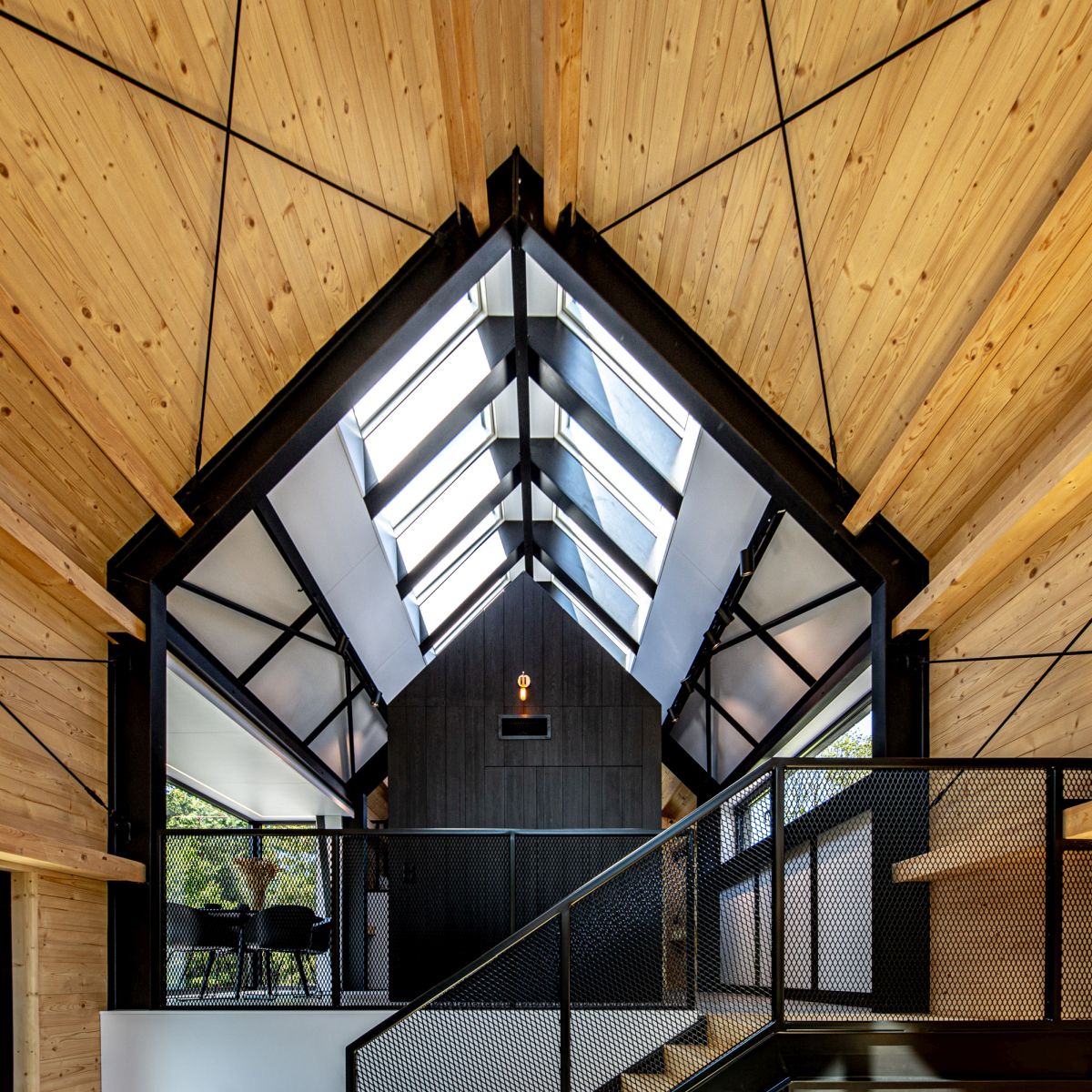 A series of skylights bring natural light into the upstairs volumes