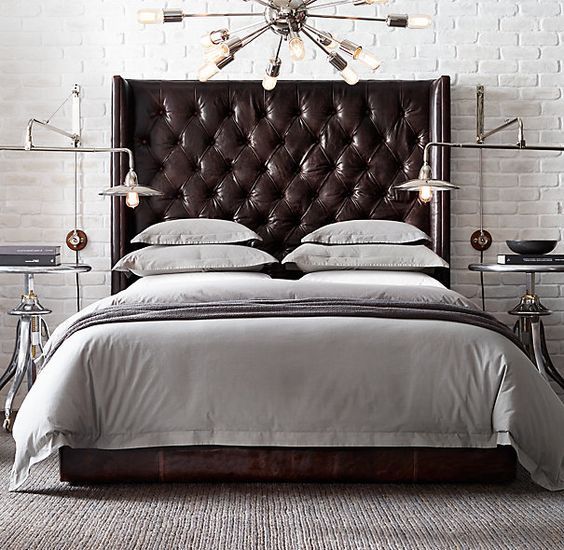 a timeless chocolate brown leather wingback headboard is a bold statement for a bedroom