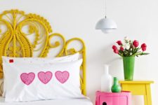 07 a creative woven yellow headboard matches the bright color scheme of the bedroom