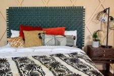 07 a woven teal leather headboard is a chic idea for a boho bedroom and it brings much color to it